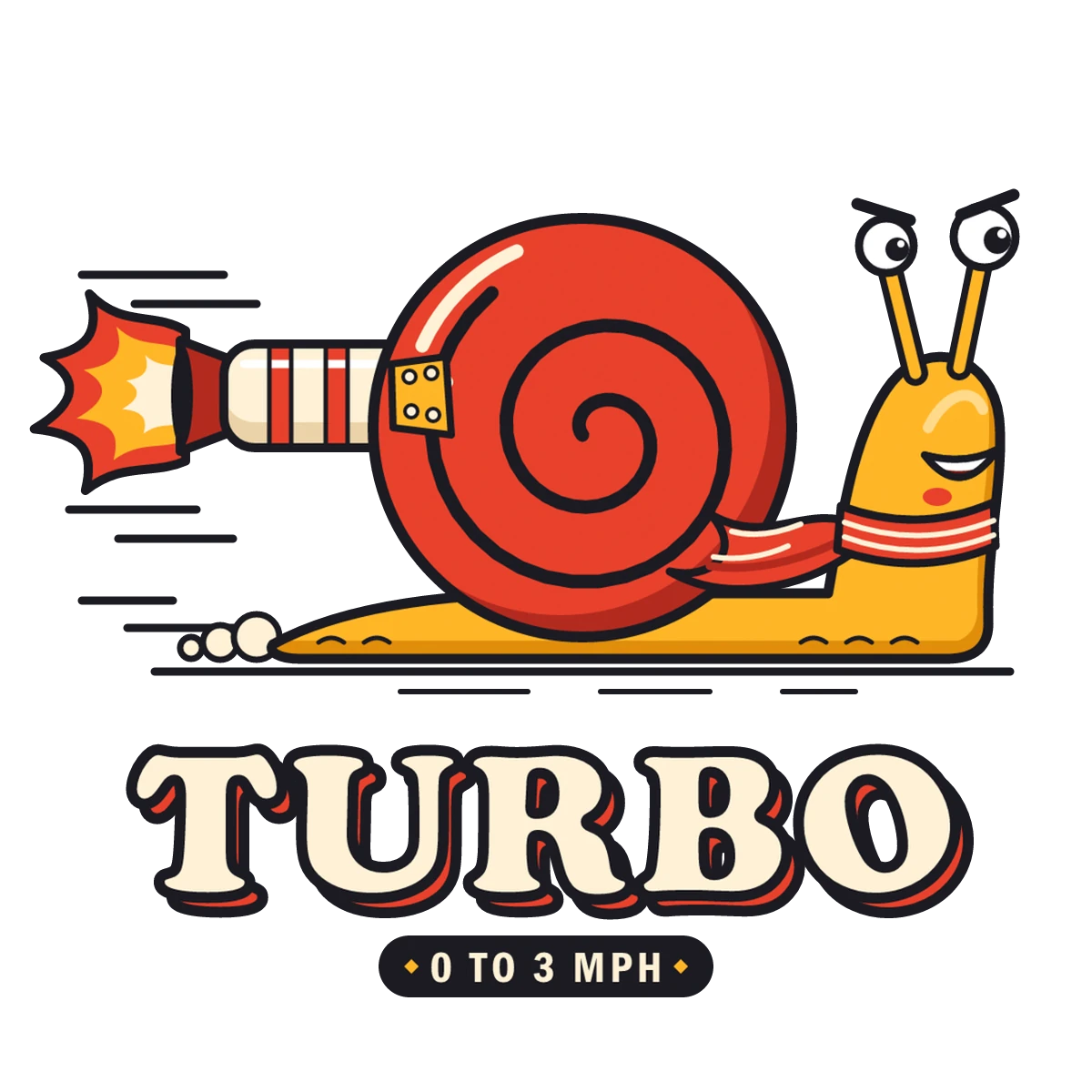 A snail with a rocket on its shell above the word TURBO and 0 TO 3 MPH: the original PNG